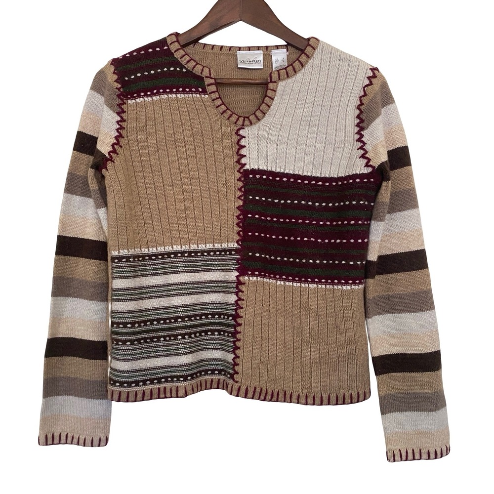 Villager Liz Claiborne Women Sweater S Tan Brown Patchwork Wool Blend Top